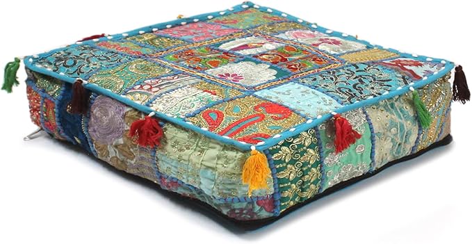 Mam Treasures Indian Bohemian Decorative Pillow Vintage Cushion Cover Patchwork Square Floor Pillow Cover Meditation Cushion Large Floor Pillow Indian Cushion (Light Blue, 22 X 22 X 5 Inch)