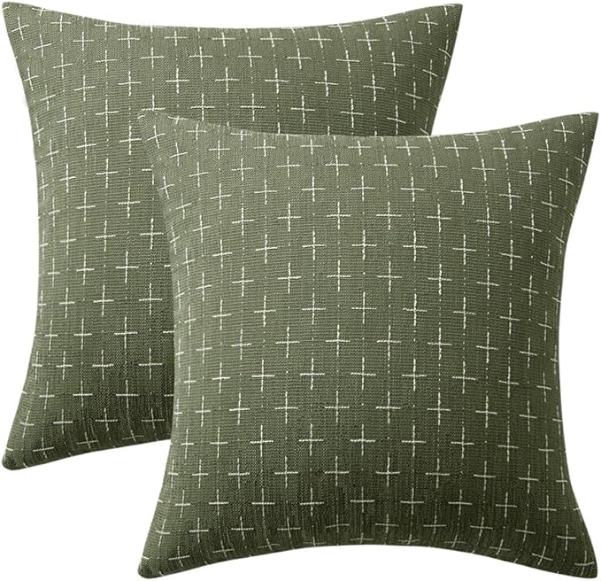 MIULEE Pack of 2 Decorative Vintage Burlap Linen Spring Throw Pillow Covers Modern Farmhouse Pillowcase Rustic Woven Textured Cushion Cover for Sofa Couch Bed 16x16 Inch Olive Green