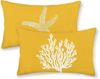 Coastal Pillow Covers 12x20 Inch Set of 2 Yellow Coral Starfish Throw Pillows Nautical Ocean Decorations Summer Linen Beach Pillowcase Outdoor Decor Farmhouse Cushion Case for Home Bedroom