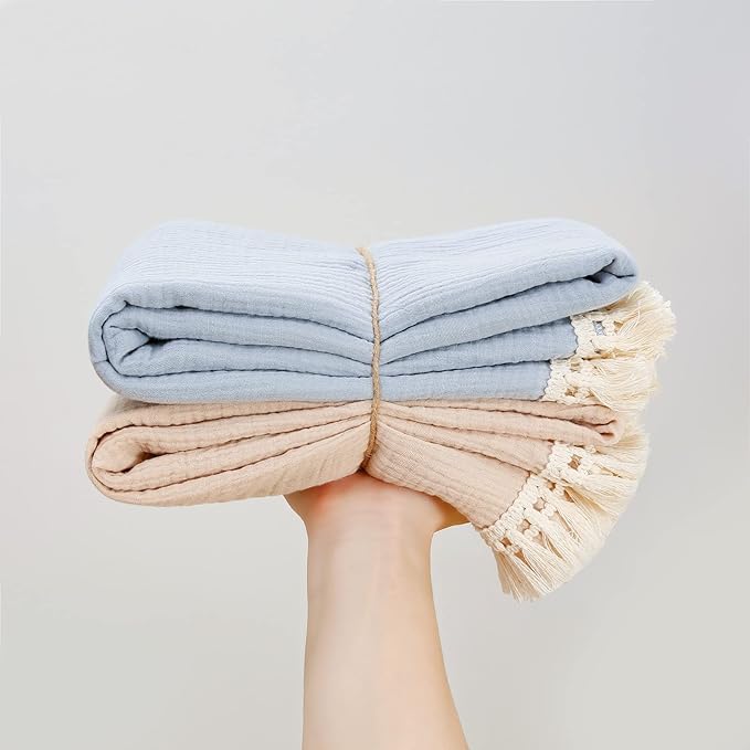 insular Cotton Muslin Baby Blanket with Tassel, Boho Bohemian Muslin Swaddle Blanket Baby Receiving Blanket with Fringe, Nursery Decor Throw or Nursing Blankets, 47" x40”, Blue