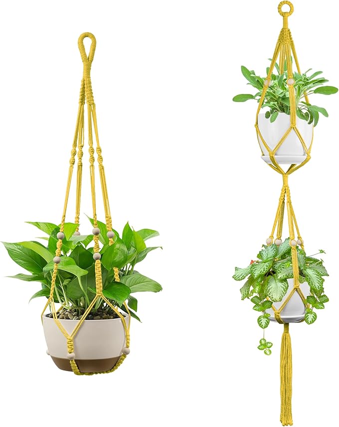 USLAI Macrame Plant Hanger Indoor Outdoor, Up to 4-15 inch Pot, Heavy 20lb Planters, Extra Long Strong Hanging Planter Basket Holder, Boho Home Decor, 35+49 Inch, Yellow (POTS NOT Included)