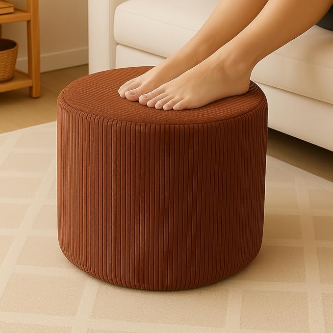 Round Pouf Ottoman and Foot Rest, Soft Corduroy Poufs with Sponge Chunk Filling, Comfort Sponge Stuffed Poofs for Couch Desk Resting Your Feet, Brown(17.1" D x 17.1" W x 14" H)