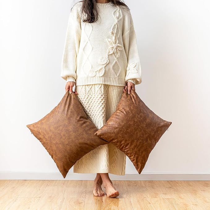 Leather Throw Pillow Covers Pack of 2 Brown, Modern Boho Thickened Floor Decorative Pillow Covers, for Home Decor Outdoor Waterproof Pet Hair Resistant Abrasion Cushion Cover 20x20 inch.