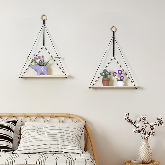 HVEST Macrame Wall Hanging Shelf Set of 2, Black Geometric Macrame Wall Art Wooden Floating Hanging Shelf Black Woven Decor Plant Hanger Handmade Woven Tapestry for Bedroom Living Room Home Decor