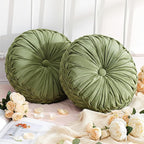 Round Throw Pillows Decorative Pleated Throw Pillows 15'' Diameter Accent Pumpkin Boho Chair Cushion for Couch Sofa Home Decoration(Olive Green,2 Pcs)