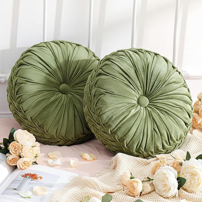 Round Throw Pillows Decorative Pleated Throw Pillows 15'' Diameter Accent Pumpkin Boho Chair Cushion for Couch Sofa Home Decoration(Olive Green,2 Pcs)