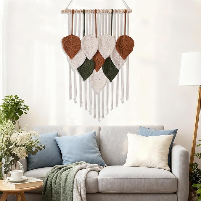 Tiaforza Macrame Wall Hanging Decor Art, Handmade Leaf Feather Woven Boho Wall Tapestry, Ideal Decor for Apartment, Bedroom, Living Room, Office, and Dining Area, Size 16.5"x29.5"