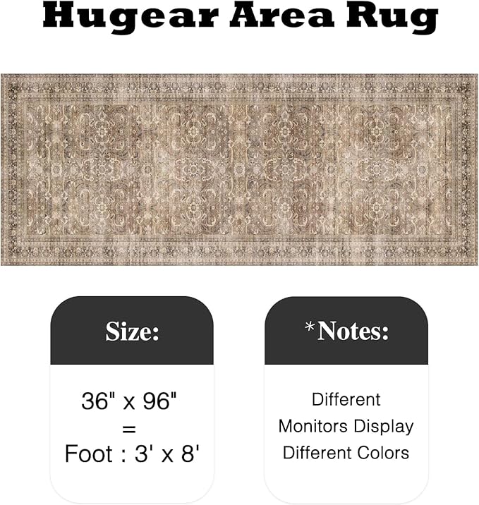 HUGEAR 3x8 Runner Rug Hallway Vintage Brown Machine Washable Retro Floral Low Pile Carpet Vacuumable Distressed Long Throw Rug Bedroom Office Bathroom Kitchen Laundry Non Slip Soft Lightweight