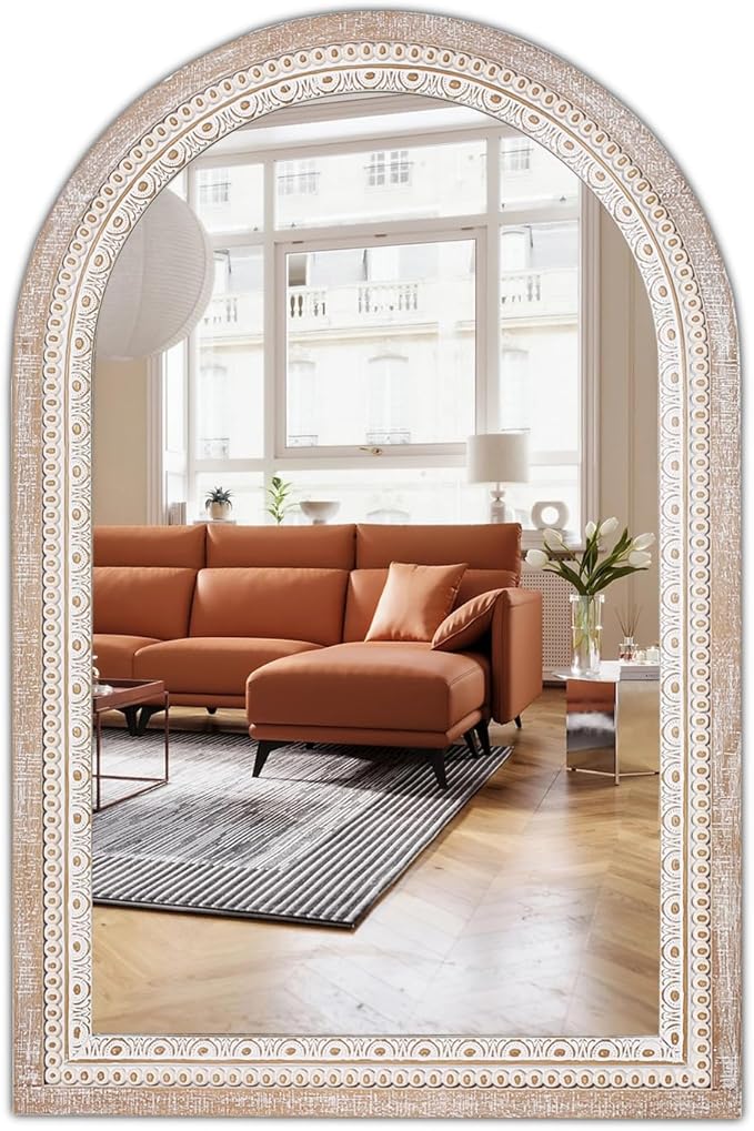 36x24 Inch Farmhouse Wooden Arched Wall Mirror, Distressed Rustic Frame with Beaded Boho Detail, Arch Decorative Mirror for Bathroom, Living Room, Entryway