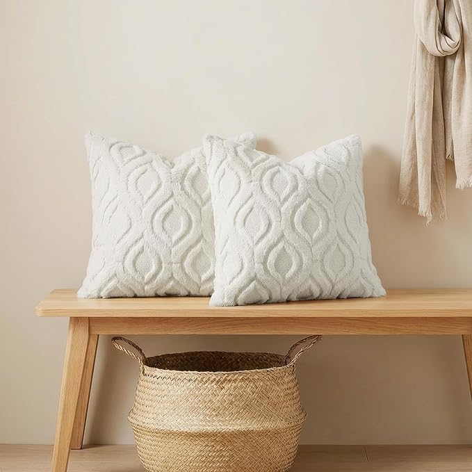 decorUhome Cozy Textured Throw Pillow Covers 12x20 Inch Set of 2, Soft Plush Faux Wool Cream White Accent Couch Pillow Covers for Modern Farmhouse Sofa Bed Living Room