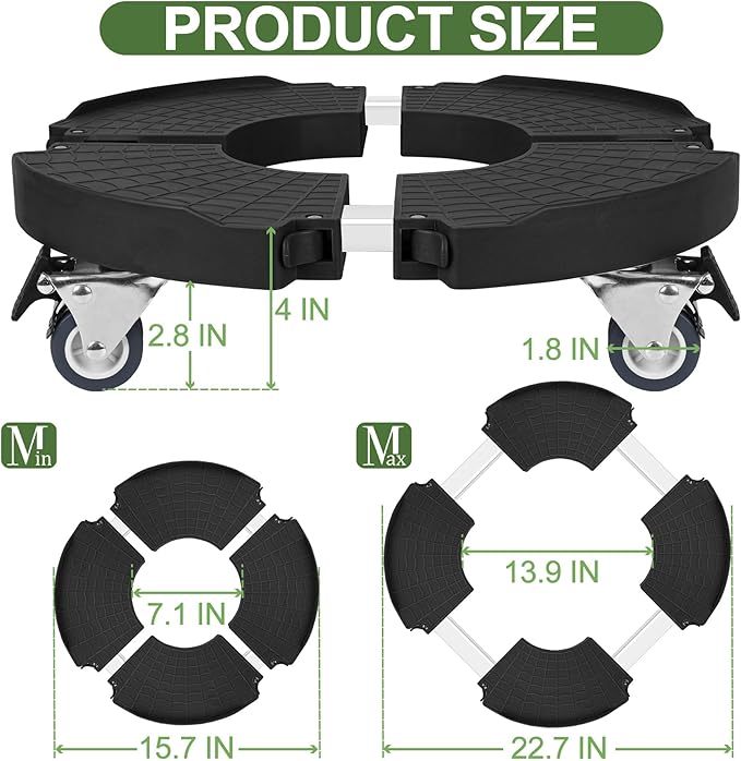 ToLanbbt 4 Pack Plant Caddy Stands with 360° Wheels Adjustable 15-22 in Rolling Stands Heavy Duty Large Plant Carts Dolly with Casters 440lbs Capacity for Large Planter, Garden Pot, Flower Pot, Black