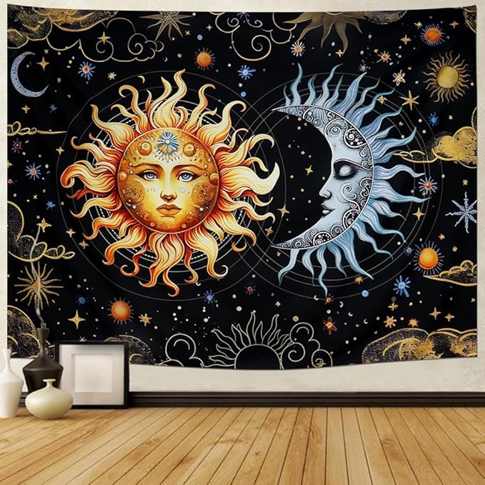 Racunbula Sun and Moon Tapestry Boho Black Golden Tapestry Aesthetic Vintage Moon Star Cloud Wall Tapestries Spiritual Tapestries Wall Hanging for Bedroom