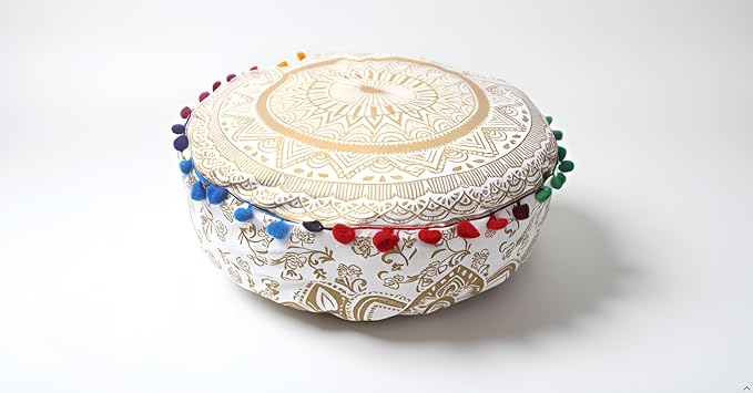 INDIAN CRAFT CASTLE ICC Mandala Barmeri Large Floor Pillow Cover Cushion Meditation Seating Ottoman Throw Cover Hippie Decorative Zipped Bohemian Pouf Ottoman Cases Gold, 24" Round