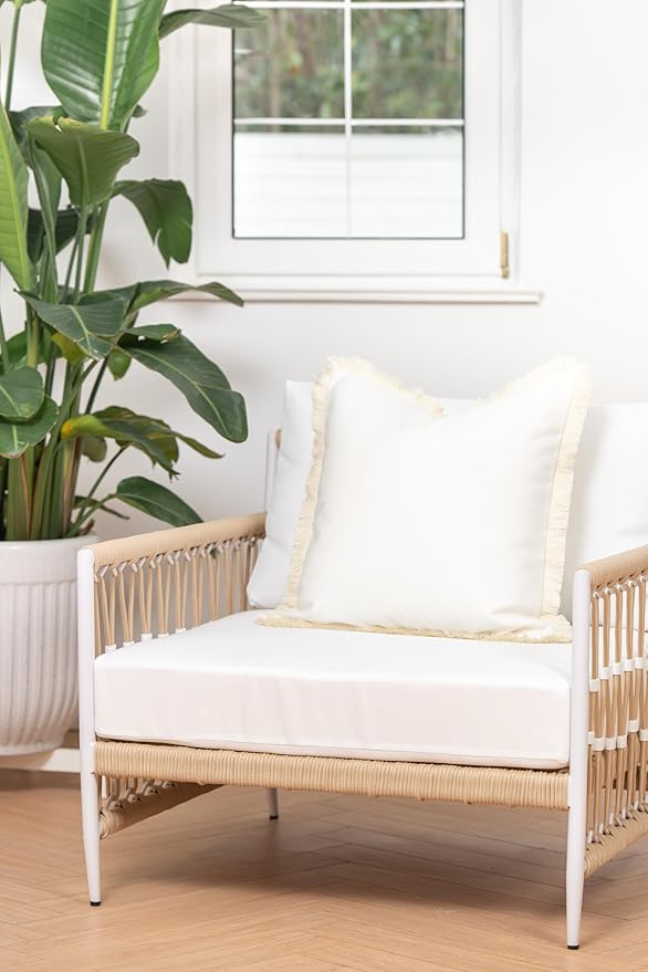 Hofdeco Premium Coastal Patio Indoor Outdoor Pillow Cover Only, 20"x20" Water Resistant, Solid with White Fringe for Backyard, Couch.