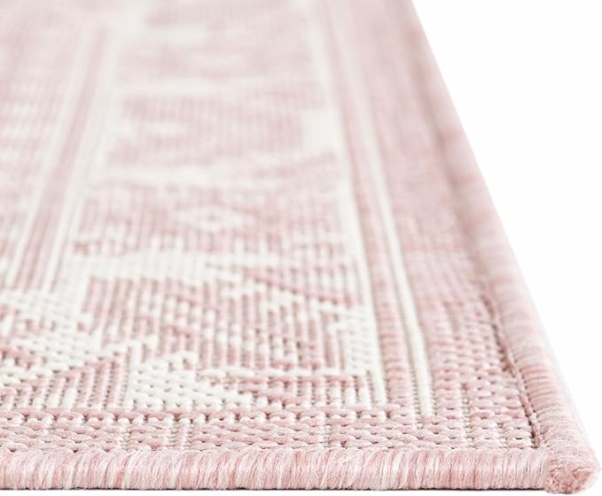 Rugs.com Outdoor Aztec Collection Rug – 13 Ft Square Pink Flatweave-Pile Rug Perfect for Living Rooms, Kitchens, Entryways