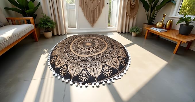 CRAFT KALA Boho Large Floor Pillow Pouf Cover Mandala Meditation Room Pillow Cover for Adults Round Bohemian Seating Pouf Cushion Cover for Kids Playroom 22" Black Golden