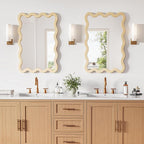 24"x36" Wood Bathroom Mirror & Wavy Wall Mirror, Large Solid Wood Asymmetrical Mirror for Vanity, Natural Wooden Frame Squiggle Mirror, Japandi Boho Aesthetic Decor