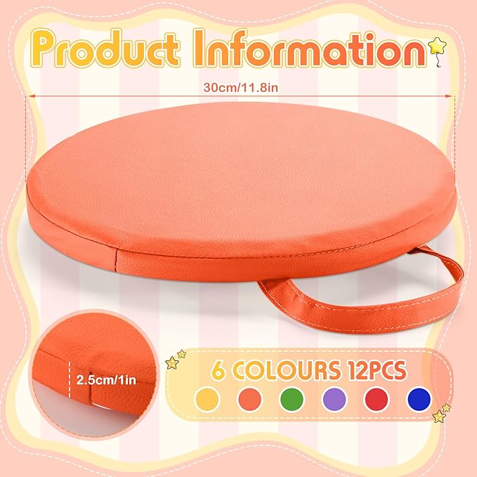Suzile 12 Pcs 12 Inch Round Floor Cushions for Kids and Toddlers Flexible Seating Classroom Floor Pillow with Handles for Classroom Daycare Preschool Yoga Meditation