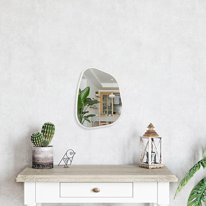 Irregular Wooden Framed Wall Mirror Modern Asymmetrical Unique Hanging Mirror Artistic Boho Mirror Decor Bathroom Vanity Bedroom Living Room Entryway Hallway 14'' x 10''