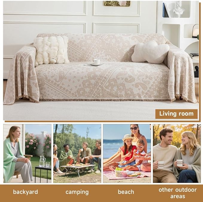 ROOMLIFE Beige Couch Covers for Sofa, Sofa Covers Washable Non Slip Furniture Protector Couch Sofa Covers for 3 Cushion Couch, Breathable Sofa Slipcovers Couch Cover Blanket with Tassels 71" X 150"