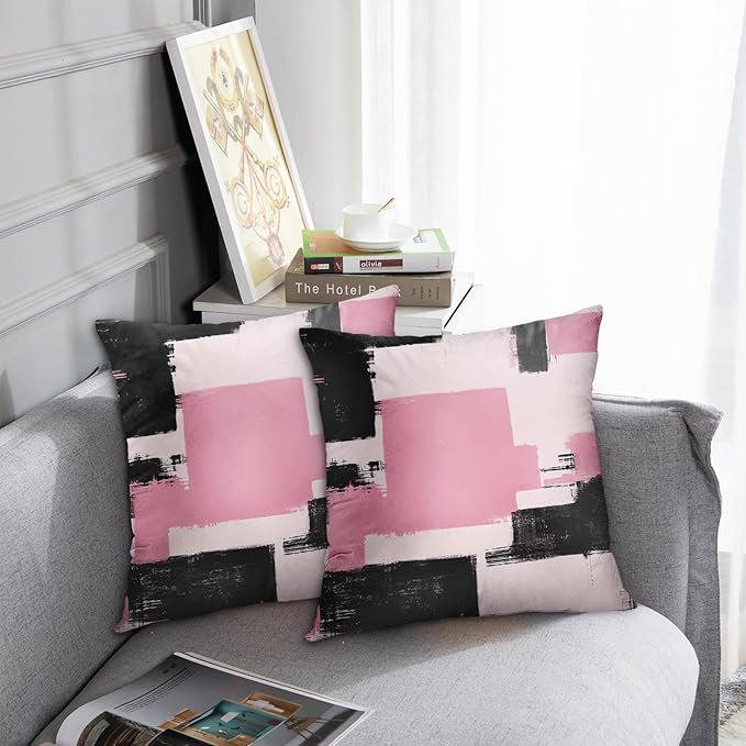 Britimes Throw Pillow Covers Modern Home Art Decor, 18 x 18 Inches Set of 2 Abstract Oil Painting Pillowcases for Bedroom, Living Room, Cushion Couch Sofa, Abstract Pink White