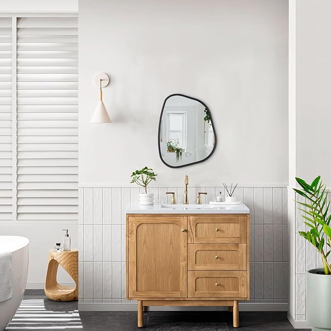Black Asymmetrical Mirror Irregular Oval Wall Mirror Modern Wood Frame Unique Shape Wall Mounted Vanity Artistic Mirror Decorative for Living Room Bedroom Bathroom Entryway Large 16"x12"