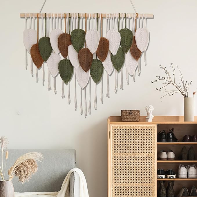 Tiaforza Macrame Wall Hanging Decor Art, Handmade Leaf Feather Woven Boho Wall Tapestry, Ideal Decor for Apartment, Bedroom, Living Room, Office and Dining Area, Size 39" W x 29.5" L