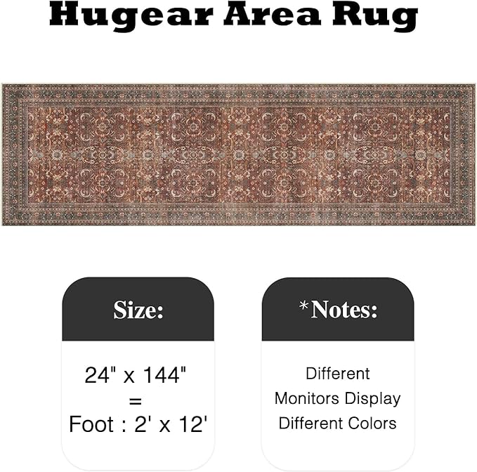 HUGEAR 2x12 Runner Rug Hallway Vintage Brick Red Machine Washable Retro Floral Low Pile Carpet Vacuumable Distressed Long Throw Rug Bedroom Office Bathroom Kitchen Laundry Non Slip Soft Lightweight