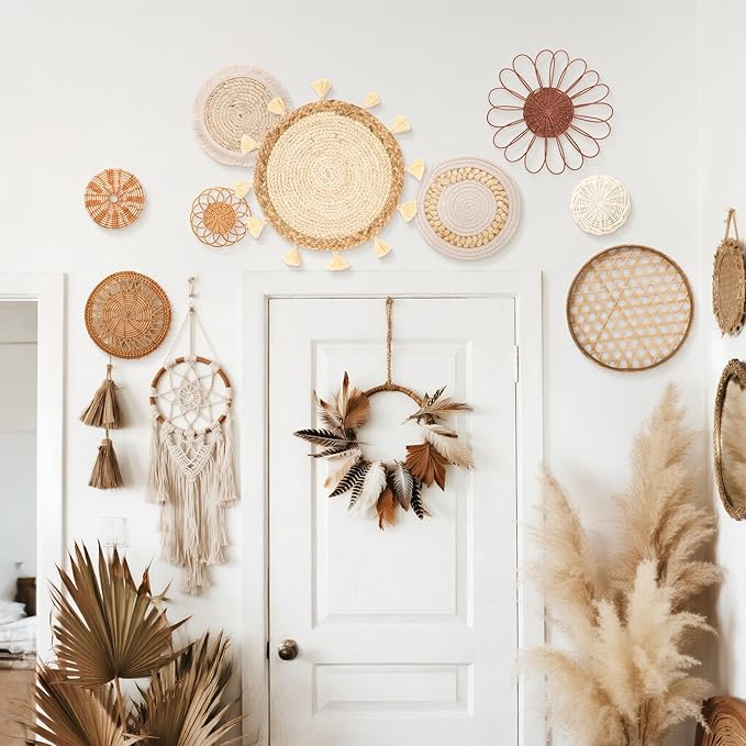 Teiyamsy 9 Pcs Boho Wall Basket Decor Handmade Woven Wicker Basket Wall Decor Round Farmhouse Hanging Wall Art for Rustic Home Living Room Kitchen Bedroom(Serene)