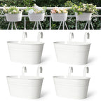 Dahey 10.5 Inch Metal Iron Hanging Flower Pots for Railing Fence Hanging Bucket Pots Countryside Style Outdoor Planter Window Flower Plant Holder with Detachable Hooks Home Decor,White,4 Pcs