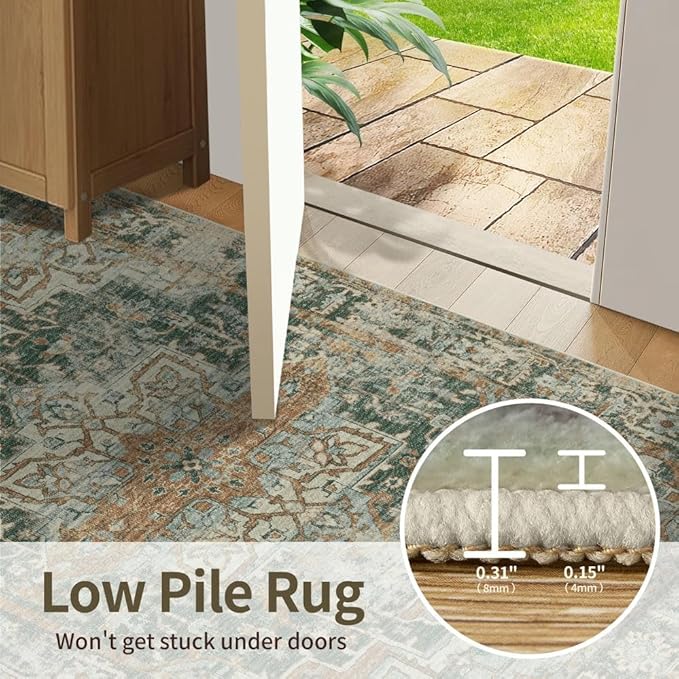 9x12 Area Rug for Living Room Bedroom, Extra Large Washable Rug, Green Vintage Retro Boho Rug, Non Slip & Low Pile Faux Wool Carpet for Indoor Dining Room and Kids Room(Green/Brown 9x12ft)