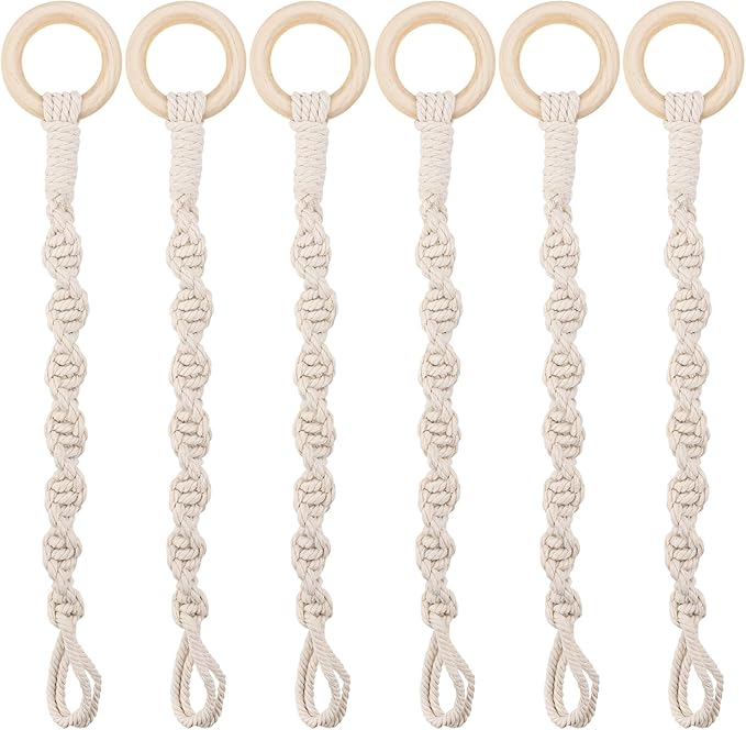 Framendino, 6 Pack Adjustable Macrame Plant Hanger Extenders Woven Hanging Basket Extension with Wooden Ring for Indoor Outdoor Pot Holder