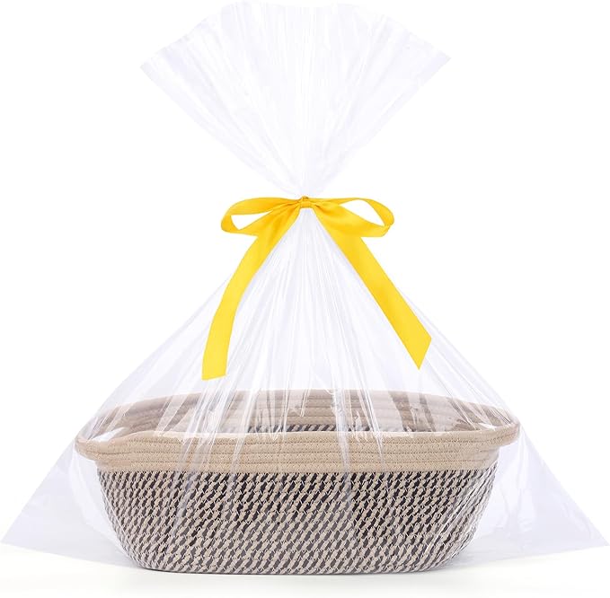 Large Gift Basket Empty with Handles, 12x8x5 inch - Medium Woven Rope Bin for Adult, Men, Boys, Pet Toys, Shelves - With Gift Bag & Ribbon, Washable, Resuable - Dark Brown