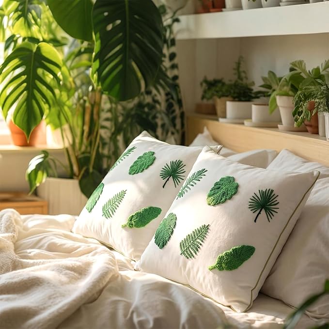 Breling 2 Pack Embroidery Tropical Pillow Covers 18x18 Inch Green Leaves Palm Monstera Leaf Pillows Cover Velvet Tufted Decorative Botanical Plant Cushion Cases for Couch Sofa Bed Summer Holiday Decor