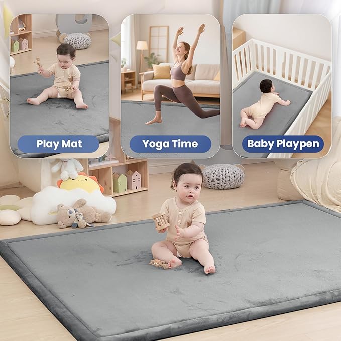 Baby Play Mat for Floor,1.3" Thick Memory foam Tummy Time Mat,Soft Coral Velvet Nursery Rug,Extra Large Non Slip Crawling Mats for Living Room(Dark Gray)