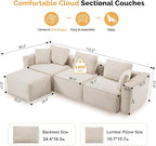 VINGLI 112.2“ Convertible Corduroy Cloud Sectional Couches with Movable Ottoman, L-Shaped Boneless Couches for Living Room with Deep Seat, 3 Seater Modular Spineless Sofa, No Assembly Required, Cream