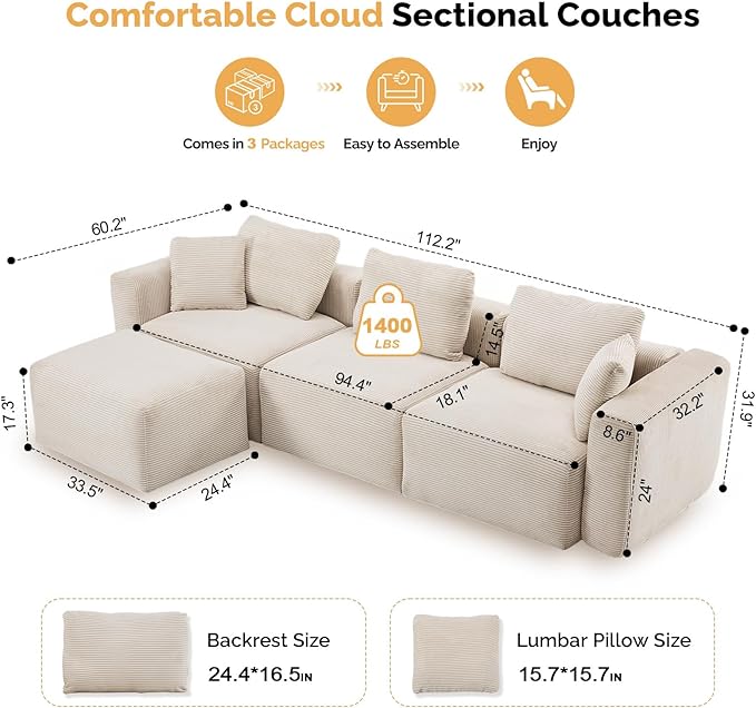 VINGLI 112.2“ Convertible Corduroy Cloud Sectional Couches with Movable Ottoman, L-Shaped Boneless Couches for Living Room with Deep Seat, 3 Seater Modular Spineless Sofa, No Assembly Required, Cream