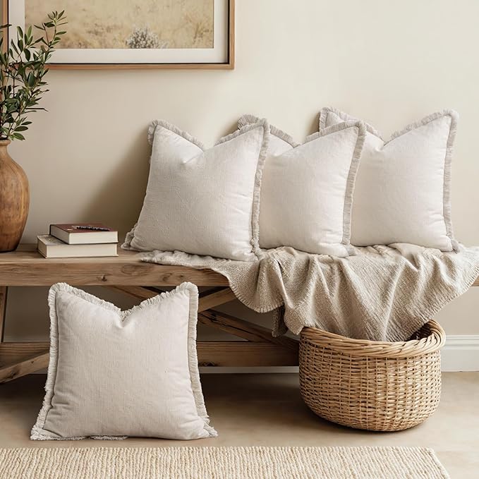 MIULEE Decorative Couch Pillow Covers Neutral Beige Linen Fringe Throw Pillows Set of 4 Boho Farmhouse Cushion Covers Soft Accent Pillowcases for Bed Couch Sofa Living Room Spring Decor 18x18 Inch