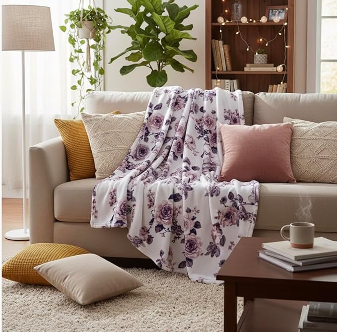 Decorative Floral Fleece Throw Blanket: Velvety Soft Plush Rose Flower Accent for Couch or Bed, Blush Pink Purple Navy Blue Grey on White, Oversized 50" x 70" Inches
