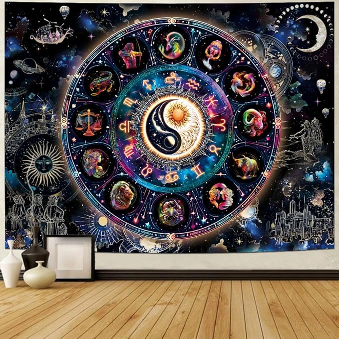 Lahasbja Blacklight Constellation Tapestry UV Reactive Sun and Moon Tapestries Spiritual Zodiac Astrology Wall Tapestry Galaxy Wall Decor Mystic Yin Yang Wall Hanging for Bedroom