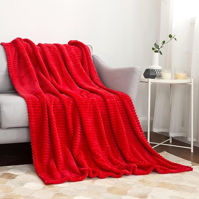 MIULEE Throw Blanket 3D Ribbed Jacquard Fleece Flannel Velvet Plush Decorative Bed Blankets (Throw, 50" x 70") - Super Soft, Lightweight, Warm and Cozy for Couch Sofa, Red