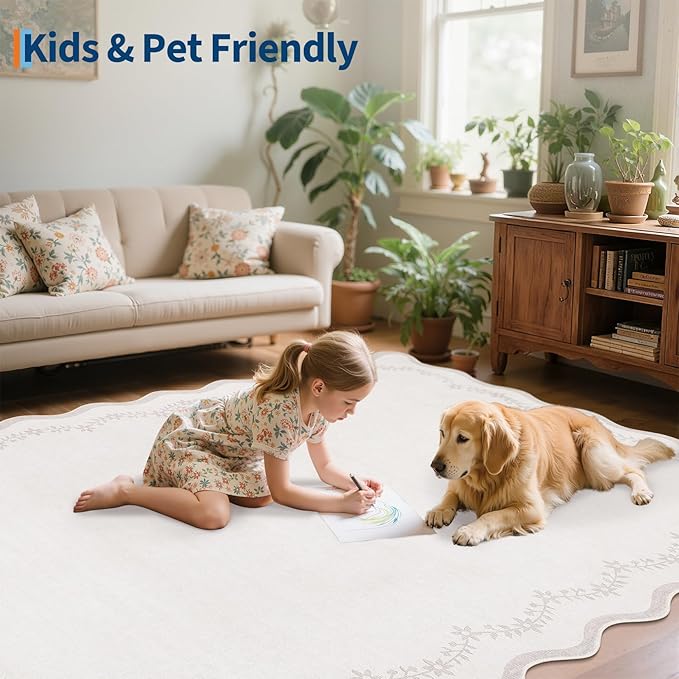 GarveeHome 2.6x10 Scalloped Washable Runner Rug for Kitchen, Soft Beige Long Hallway Runner Non Slip Entryway Rug Farmhouse Thin Laundry Mat Stain Resistant Carpet for Bathroom Beside Rug