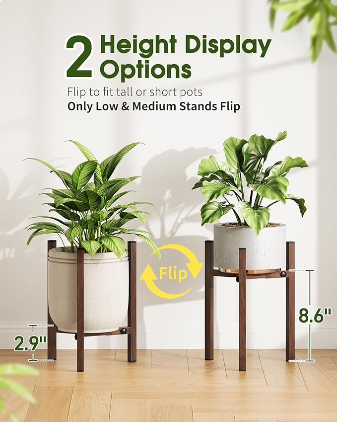 3 Pack Plant Stand Indoor Adjustable, Metal Modern Indoor Plant Stand, Heavy Duty Single Plant Stands Outdoor Corner, Stable Plant Holder Indoor Stand, Fits 8 to 12 Inches Pots, Walnut Wood-Grain