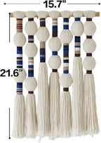 Flber Macrame Wall Hanging Woven Blue Handmade Cotton Yarn with Ball-shaped Tassels Geometric Boho Wall Decor for Bedroom & Living Room 15.7" Wx 21.6" L