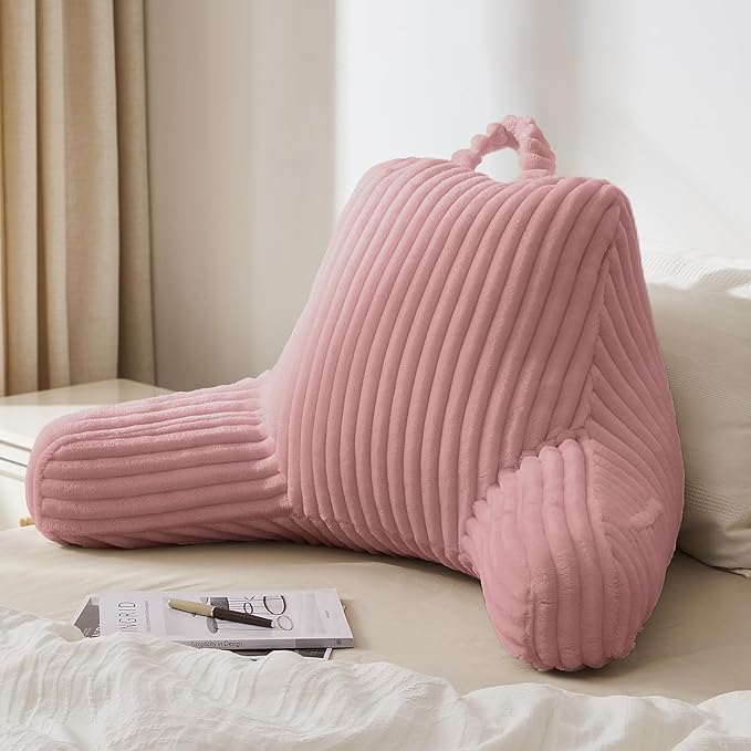 Blissful Diary Reading Pillow for Sitting in Bed, Large Flannel Back Pillow Bed Sitting Up for Adult & Children, Backrest Cushion for Sit Up in Couch or Floor, Dorm Essentials, Plush Pink