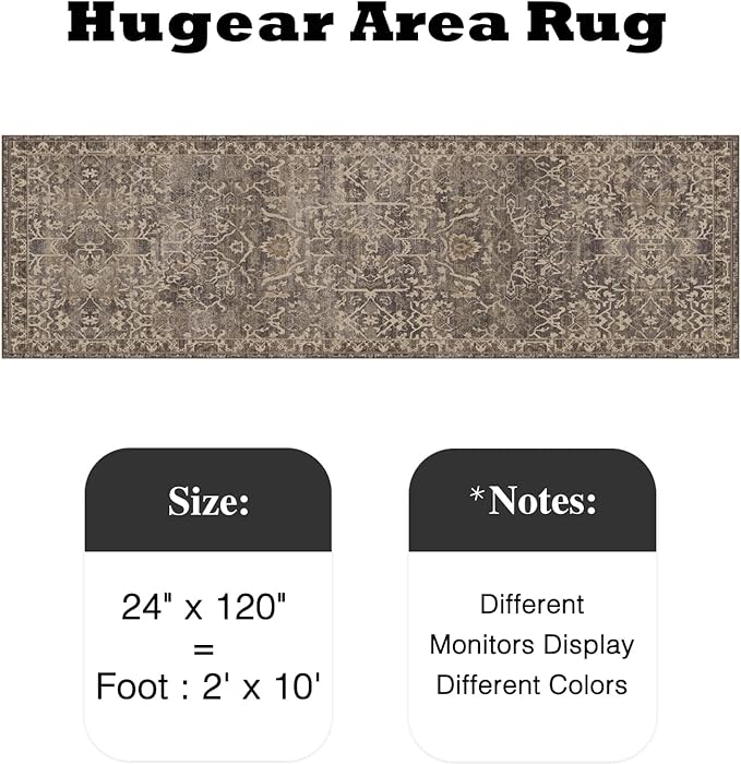 HUGEAR 2x10 Runner Rug Hallway Retro Brown Machine Washable Vintage Floral Low Pile Carpet Vacuumable Distressed Long Throw Rug Bedroom Office Bathroom Kitchen Laundry Non Slip Soft Lightweight