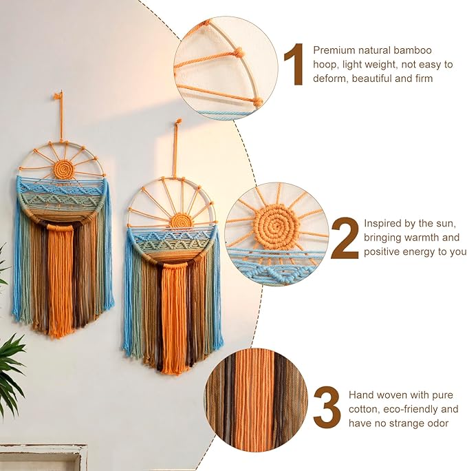 Artilady 2 Pack Macrame Sun Wall Decor Hanging Tapestry Sunshine Sunset Wall Art Set, Rustic Woven Tapestries Boho Dream Catcher Colorful Decor for Bedroom Living Room Nursery (Orange 2pcs)