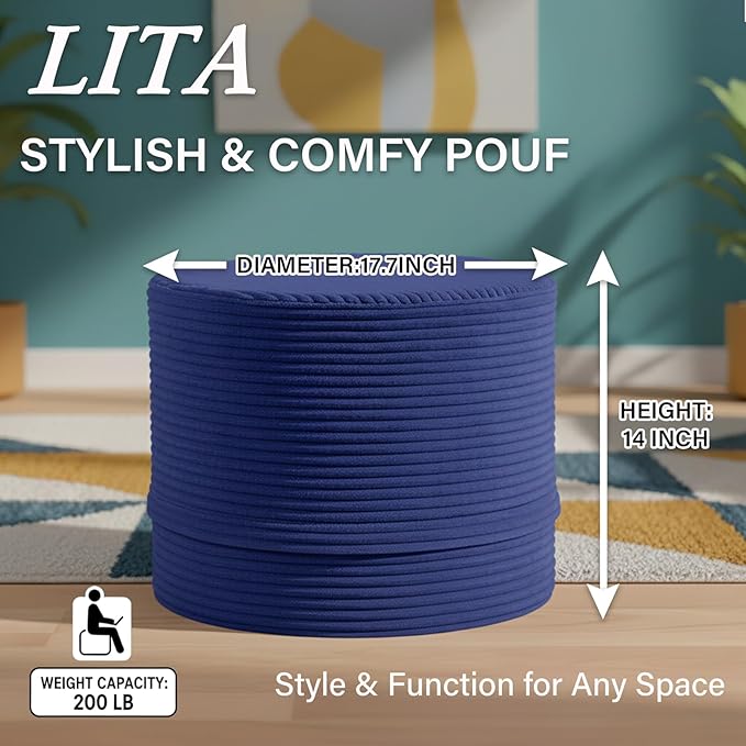 LITA Round Stuffed Pouf Ottoman, Corduroy Poufs with High-Density Foam Filling and Washable Cover, Furry and Fluffy Bean Bag Foot Stools Ottoman for Living Room, Bedroom, Office, Navy Blue