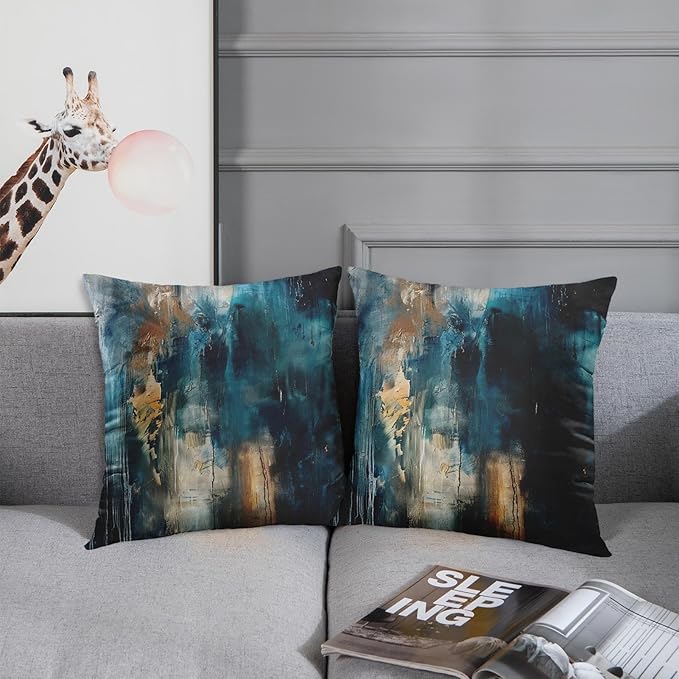 Britimes Throw Pillow Covers Modern Home Art Decor, 18 x 18 Inches Set of 2 Pillow Cases Decorative, Abstract Oil Painting Pillowcases for Bedroom, Living Room, Cushion Couch Sofa, Teal Black