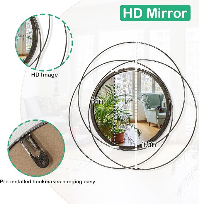 Circle Mirror Wall Decorative Metal Mirror Art Small Round Wall-Mounted Mirror Home Wall Decor for Bedroom Living Room Bathroom Entryway 16” x 16”